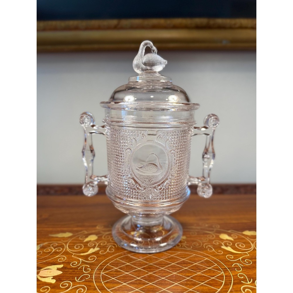 Antique EAPG Swan Covered Biscuit Jar • Brilliant Glass Swan with Mesh c.1882